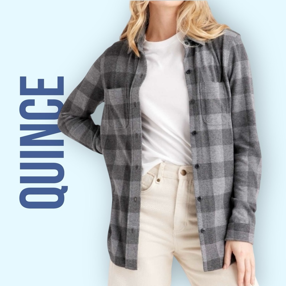 Quince Womens Small Gray Charcoal Plaid Stretch Sweater Fleece Button Down Shirt